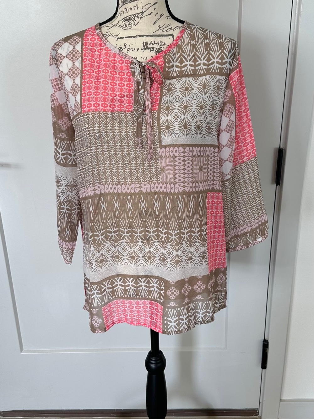 Chico's Brown and Pink Patchwork Tie-Neck Blouse. Size 1